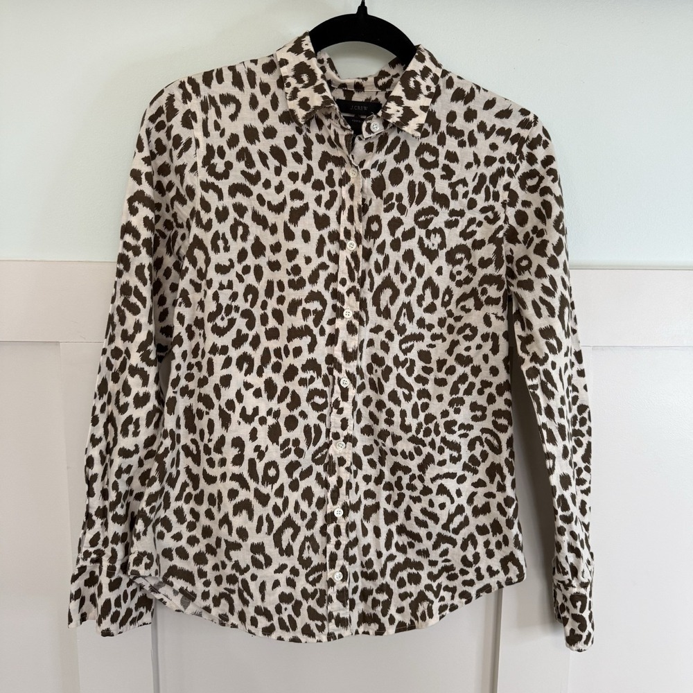 J.Crew Perfect Button Up Shirt Sz 2 Leopard Print Linen Blend Safari Exotic
